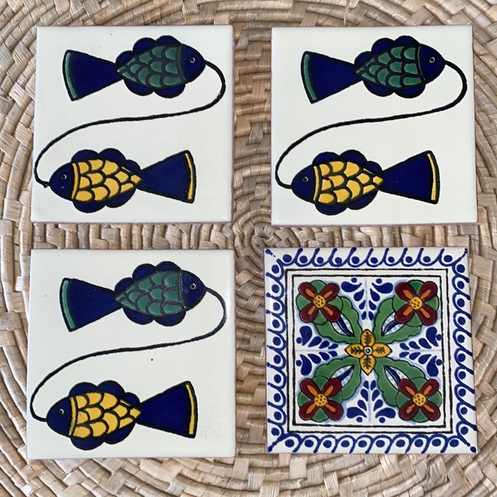 Set of 4 Hand Painted Talavera Coasters “Fish and Flowers”
